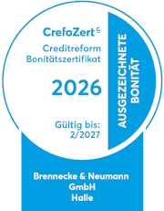CrefoZert 2026 – ausgezeichnete Bonität, gültig bis 2/2027. Brennecke & Neumann GmbH, Halle.